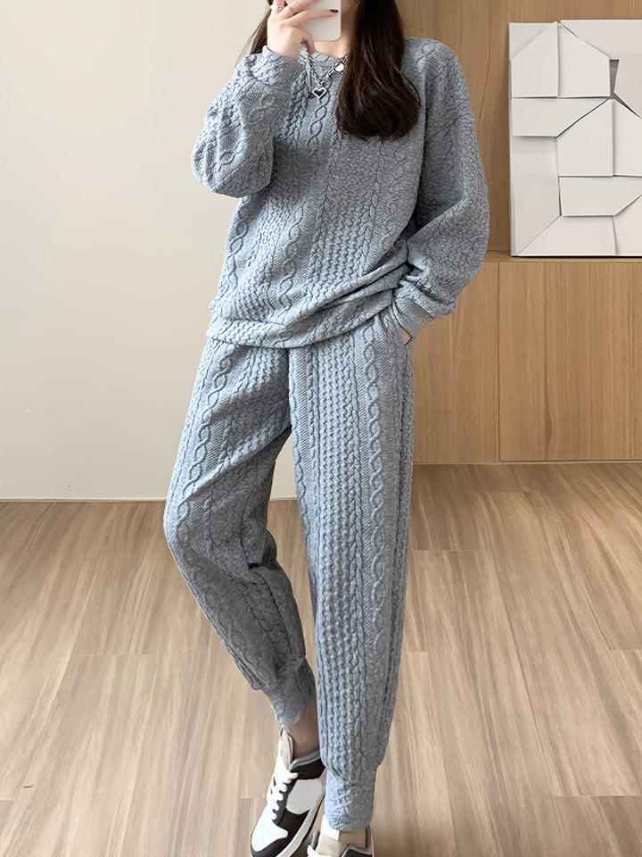 Textured Two-piece Set, Casual Long Sleeve Sweatshirt & Dual Pockets Pants Outfits, Women's Clothing
