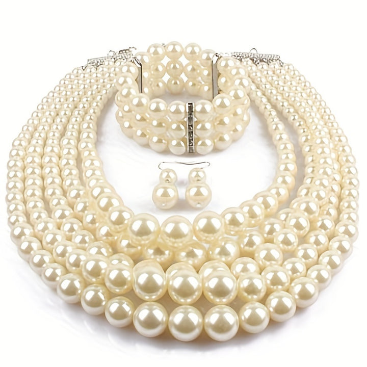 Women's Multilayer Exaggerated ABS Pearl Handmade Beaded Necklace Bracelet Earrings Jewelry Set