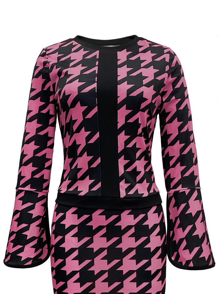 Houndstooth Print Casual Two-piece Set, Crew Neck Split Long Sleeve Tops & Bag Hip Skirts Outfits, Women's Clothing