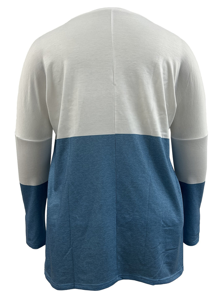 Plus Size Casual T-shirt, Women's Plus Colorblock Heart Print Drop Shoulder Long Sleeve Round Neck Tunic T-shirt With Pockets