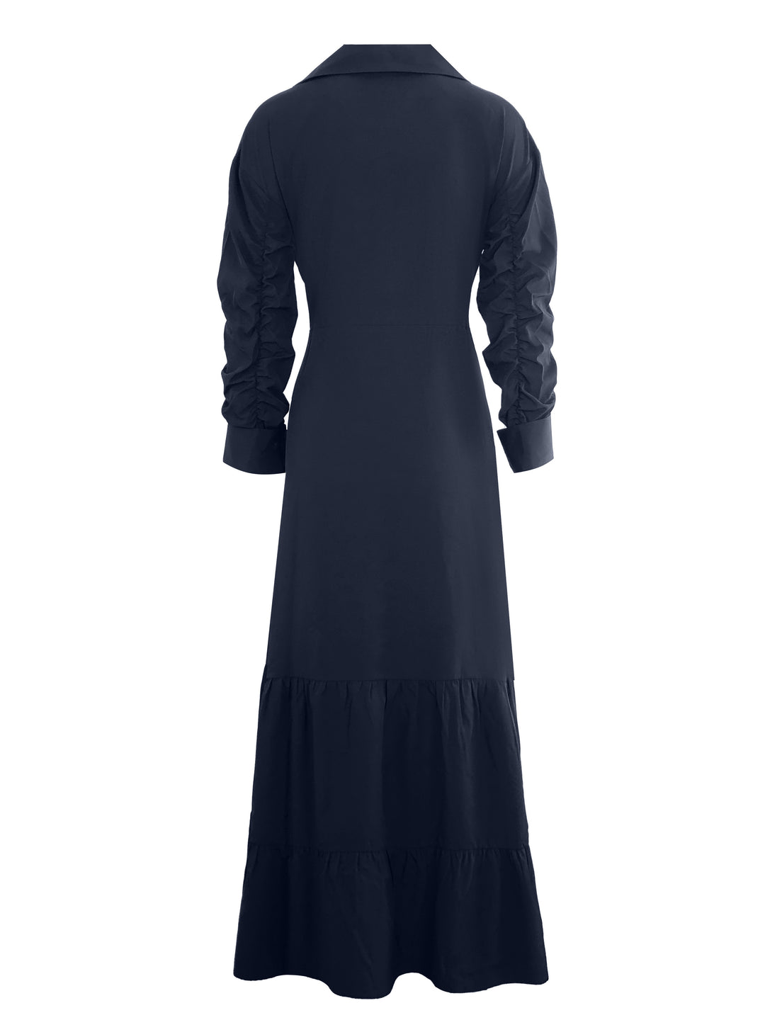 Solid Button Front Belted Dress, Elegant Ruched Sleeve Ruffle Trim Maxi Dress, Women's Clothing