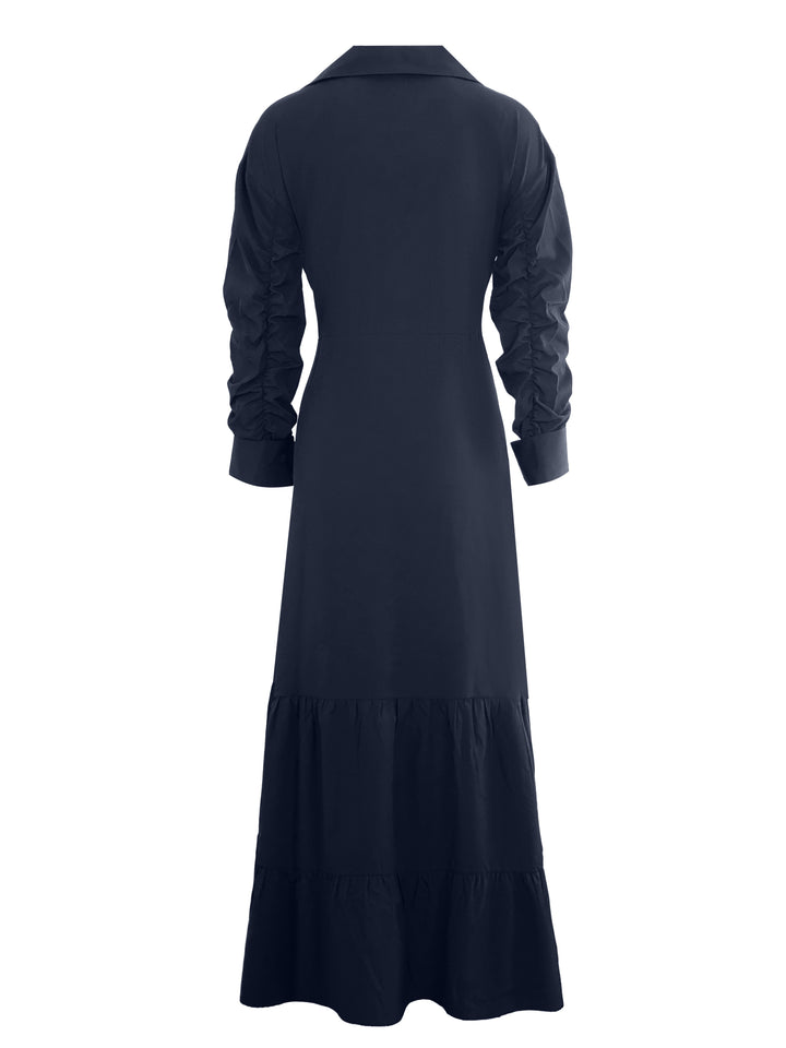 Solid Button Front Belted Dress, Elegant Ruched Sleeve Ruffle Trim Maxi Dress, Women's Clothing