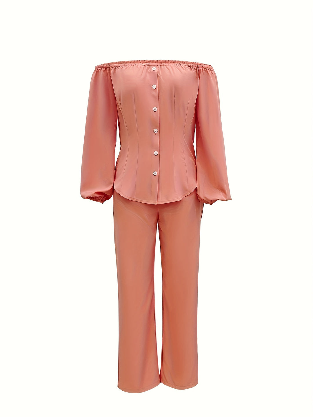 Solid Causal Two-piece Set, Off Shoulder Lantern Sleeve Button Top & Straight Leg Pants Outfits, Women's Clothing