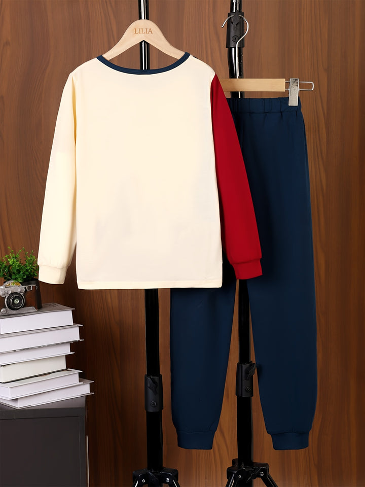 CALIFORNIA Print Boy's 2pcs, Color Block Sweatshirt & Sweatpants Set, Casual Outfits, Kids Clothes For Spring Fall