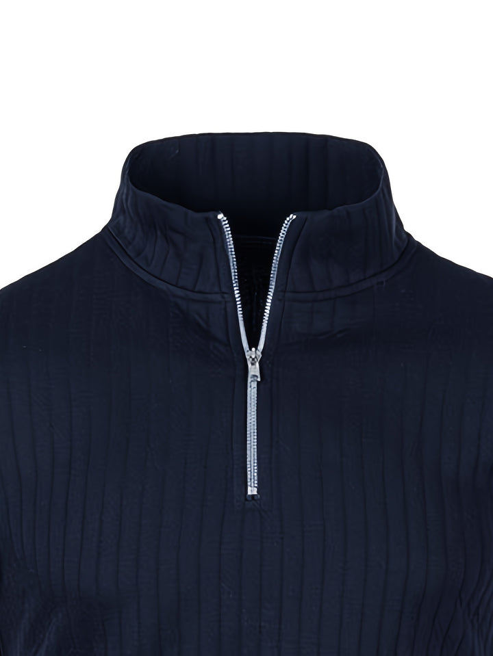 Ribbed Knitted Half Zipper Sweater, Men's Casual Warm Slightly Stretch Stand Collar Pullover Sweater For Men Fall Winter