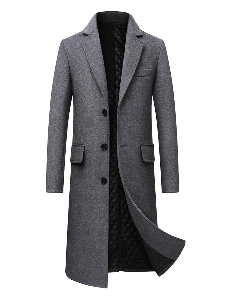 Men's Mid Length Lapel Solid Color Wool Coat, Winter Warm Soft Outdoor Windbreaker Jacket