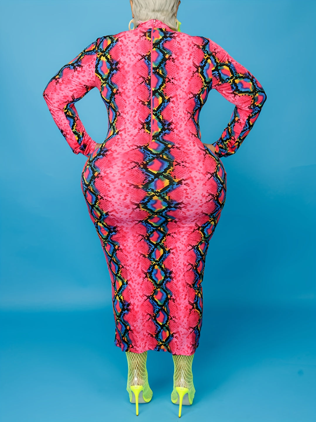Plus Size Trendy Dress, Women's Plus Snake Print Long Sleeve Mock Neck Bodycon Midi Dress