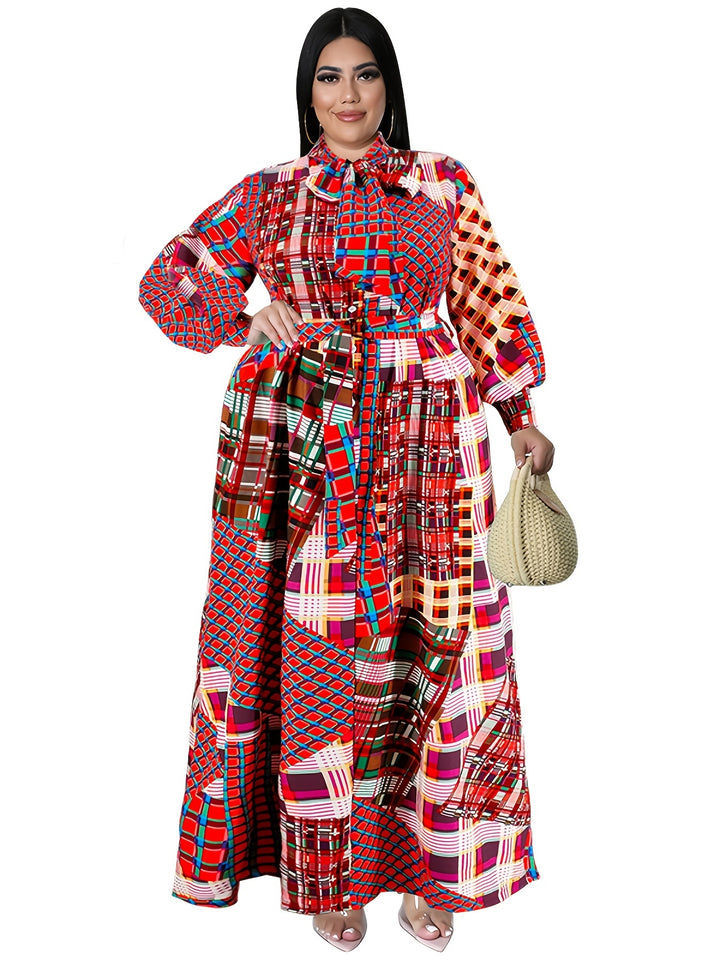 Elegant Plus Size Maxi Dress with Graphic Print and Lantern Sleeves, Perfect for All Seasons