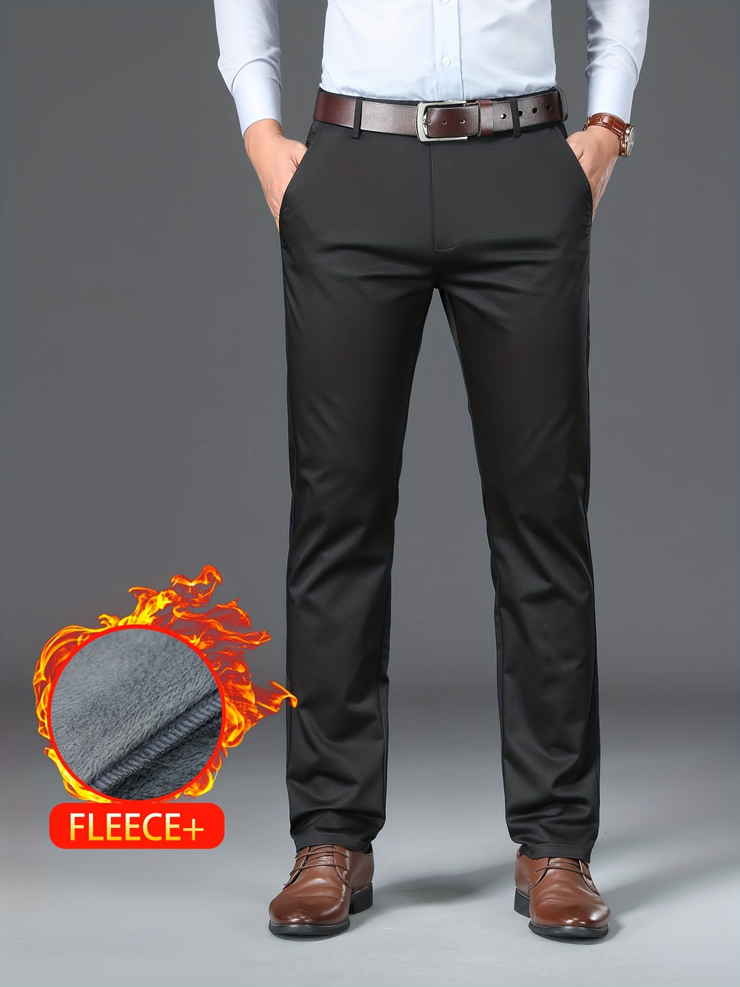 Warm Fleece Dress Pants, Men's Formal Solid Color Stretch Dress Pants For Fall Winter Business