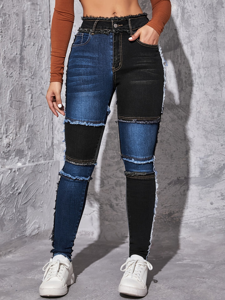 Patched Colorblock Skinny Jeans, High Waist Slim Fit Slash Pockets High Rise Raw Hem Denim Pants, Women's Denim Jeans & Clothing