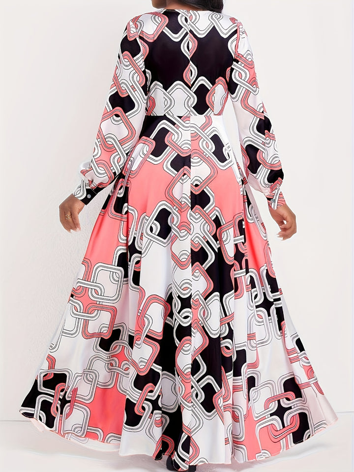 Plus Size Casual Dress, Women's Plus Colorblock Chain Print Lantern Sleeve Surplice Neck Maxi Dress