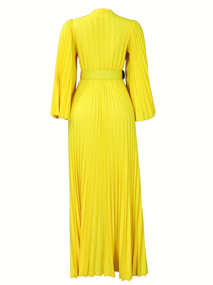 Plus Size Elegant Wedding Guest Dress, Women's Plus Solid Bell Sleeve Deep V Neck Pleated Maxi Party Dress