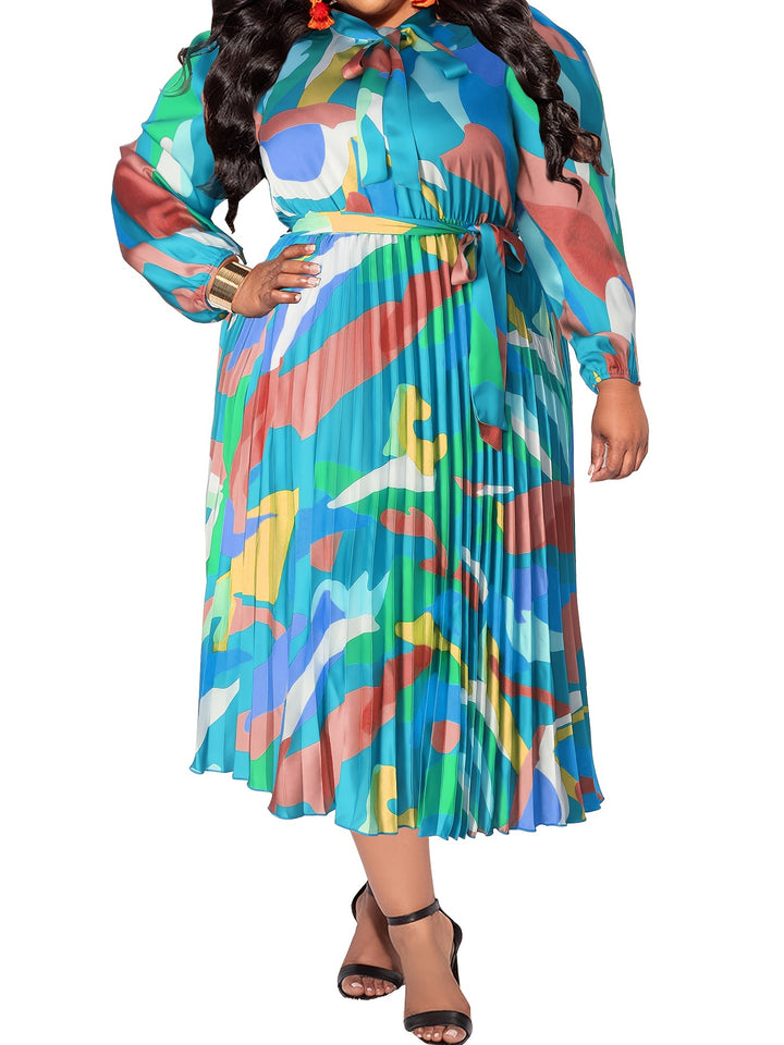 Elegant Plus Size Maxi Dress with Tie Neck, Abstract Print & Lantern Sleeves