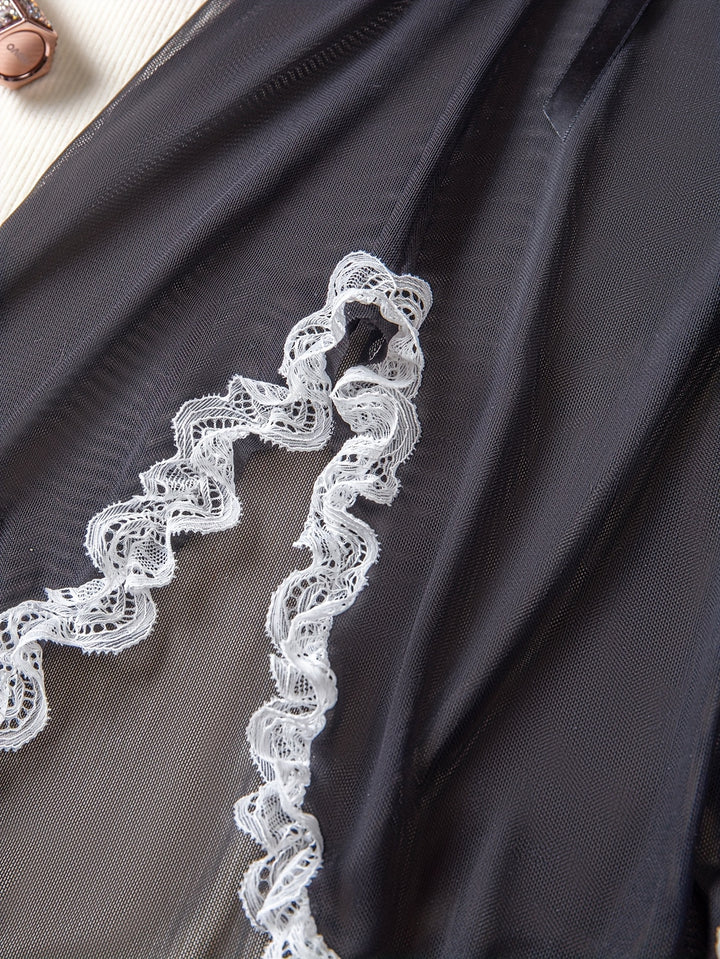 Plus Size Valentine's Day Sexy Lingerie Dress Set, Women's Plus Contrast Lace Lettuce Trim Bow Front Asymmetrical Hem Babydoll Dress & Panty Lingerie 2 Piece Set