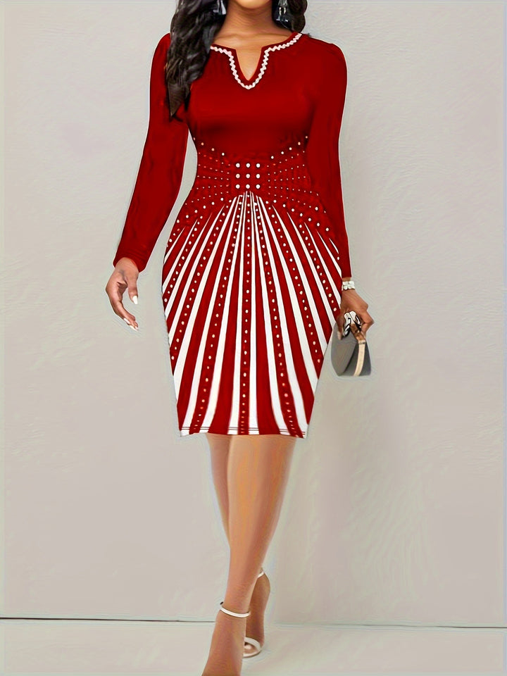 Plus Size Elegant Dress, Women's Plus Polka Dot Graphic Long Sleeve Notched Neck Bodycon Dress