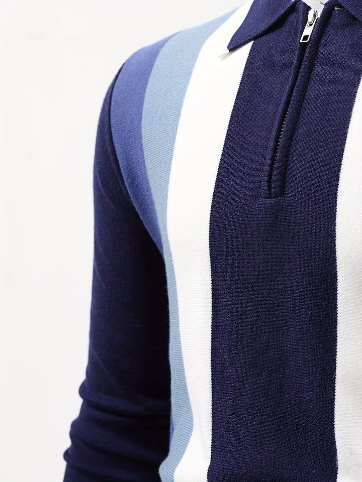 Striped Pattern Chic Knit Shirt, Men's Casual Lapel Slightly Stretch V-Neck Pullover Sweater For Men Winter Fall