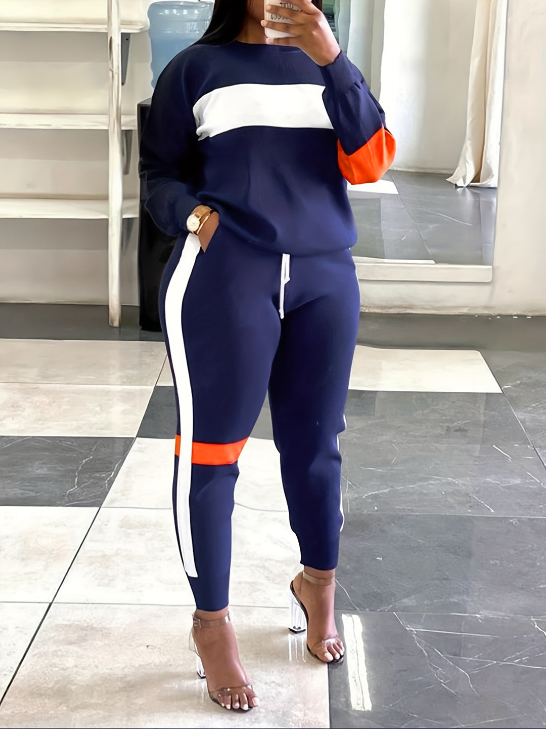 Plus Size Strip Pattern Shirt & Pants Set, Women's Casual Round Neck Slight Stretch 2pcs Set