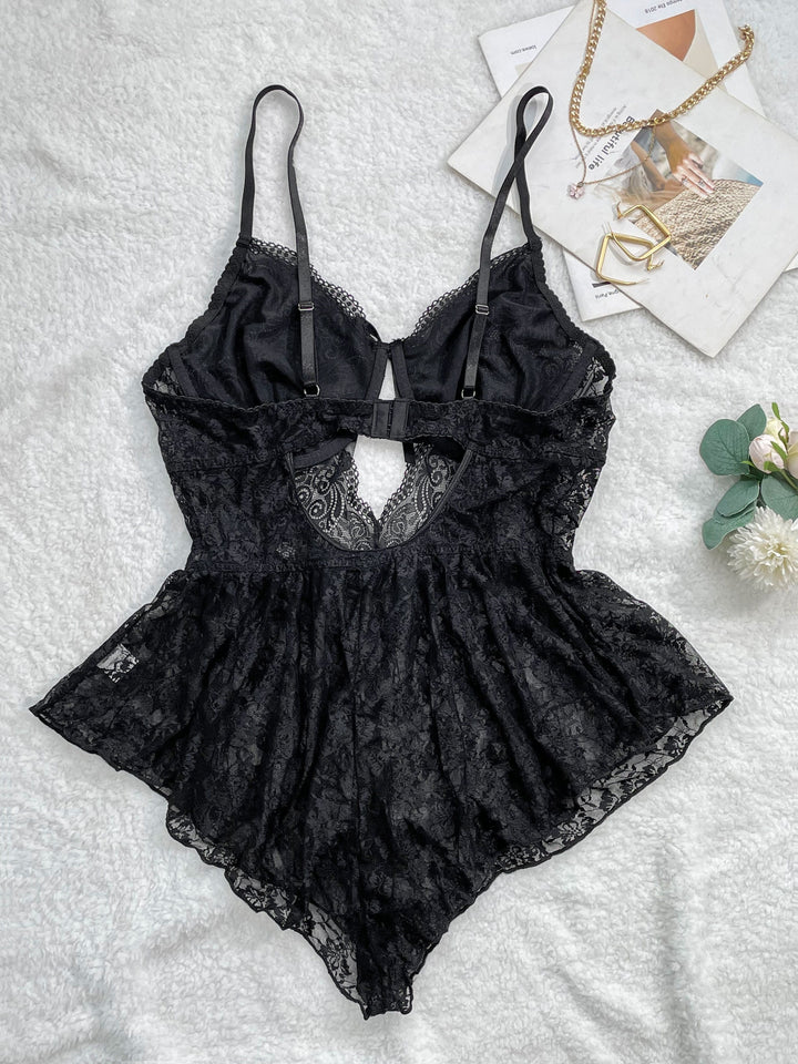 Women's Sexy Lingerie Teddy, Plus Size Contrast Lace Bow Decor Cut-out Babydoll Teddy Bodysuit