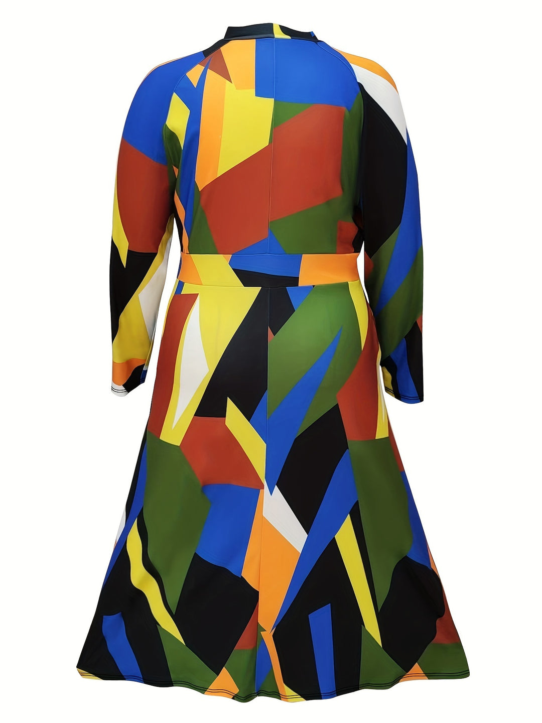 Plus Size Casual Dress, Women's Plus Colorblock Geometric Print Long Sleeve Mock Neck Maxi Dress With Pockets
