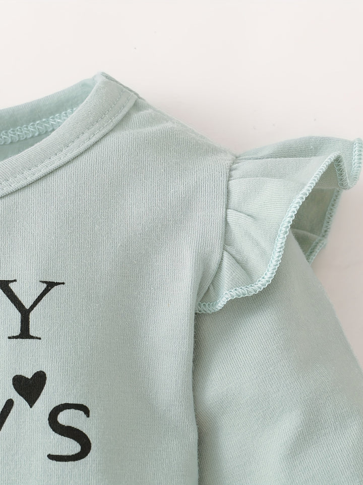 Lovely & Casual Baby Girls Outfit - Letter Print Long Sleeve Infant Onesie Romper + Pants + Headbands Gift 4psc Set