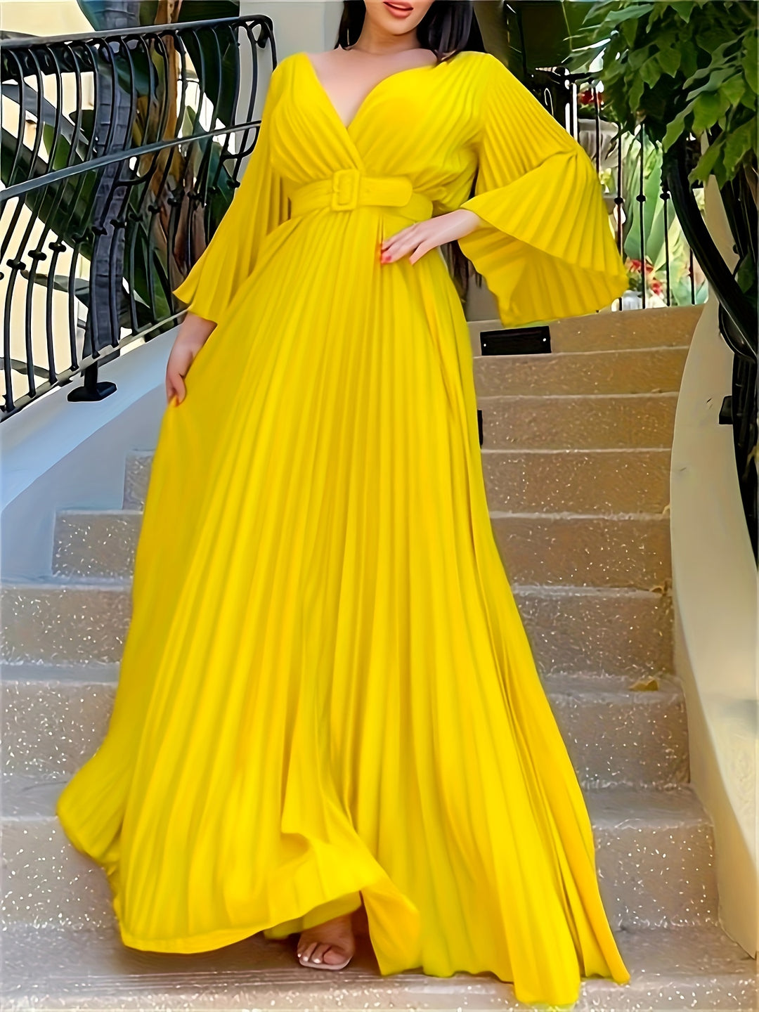 Plus Size Elegant Wedding Guest Dress, Women's Plus Solid Bell Sleeve Deep V Neck Pleated Maxi Party Dress