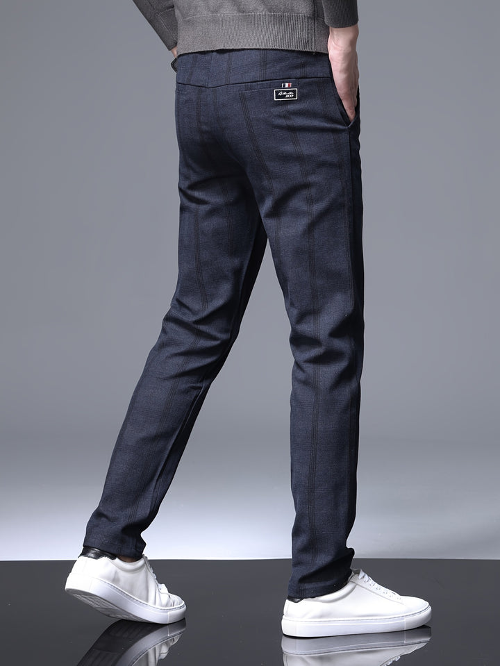 Retro Style Checkered Men's Casual Long Slim Fit Pants With Multi Pocket, Spring Fall Outdoor