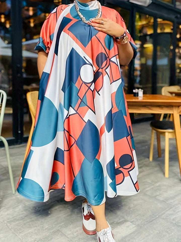 Plus Size Casual Dress, Women's Plus Colorblock Geometric Print Short Sleeve Mock Neck Slight Stretch Maxi Dress