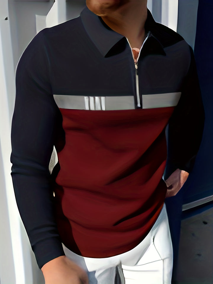Color Block Men's Casual Retro Long Sleeve Zipper Lapel Shirt, Men's Spring Fall Golf Shirt