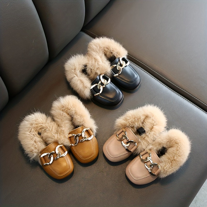 Girl's Furry Loafer Shoes, Solid Trendy Non Slip Soft Sole Thermal Sneakers, Winter & Autumn