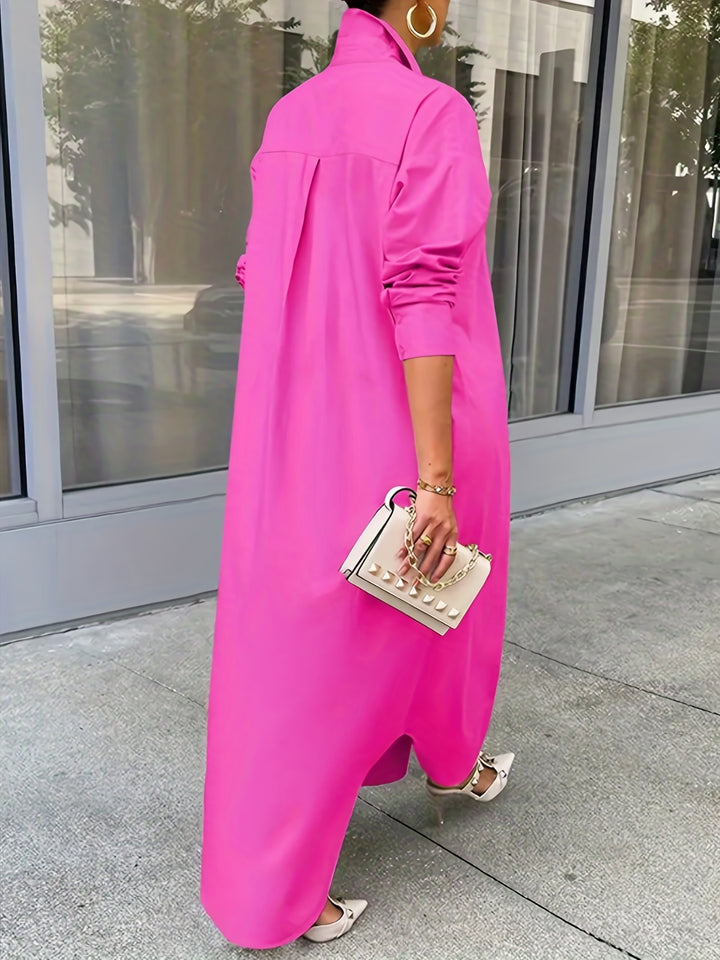 Plus Size Elegant Shirt, Women's Plus Solid Long Sleeve Turn Down Collar Button Up Maxi Shirt Dress