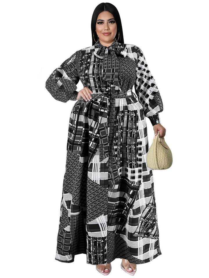 Elegant Plus Size Maxi Dress with Graphic Print and Lantern Sleeves, Perfect for All Seasons