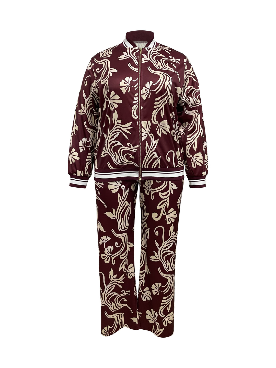 Plus Size Casual Outfits Set, Women's Plus Leaf Print Long Sleeve Zip Up Jacket & Pants Outfits 2 Piece Set