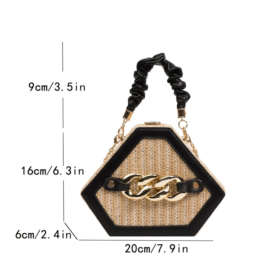 Trendy Chain Shoulder Bag, Fashion Top Handle Straw Box Bag, Women's Vacation Style Purse