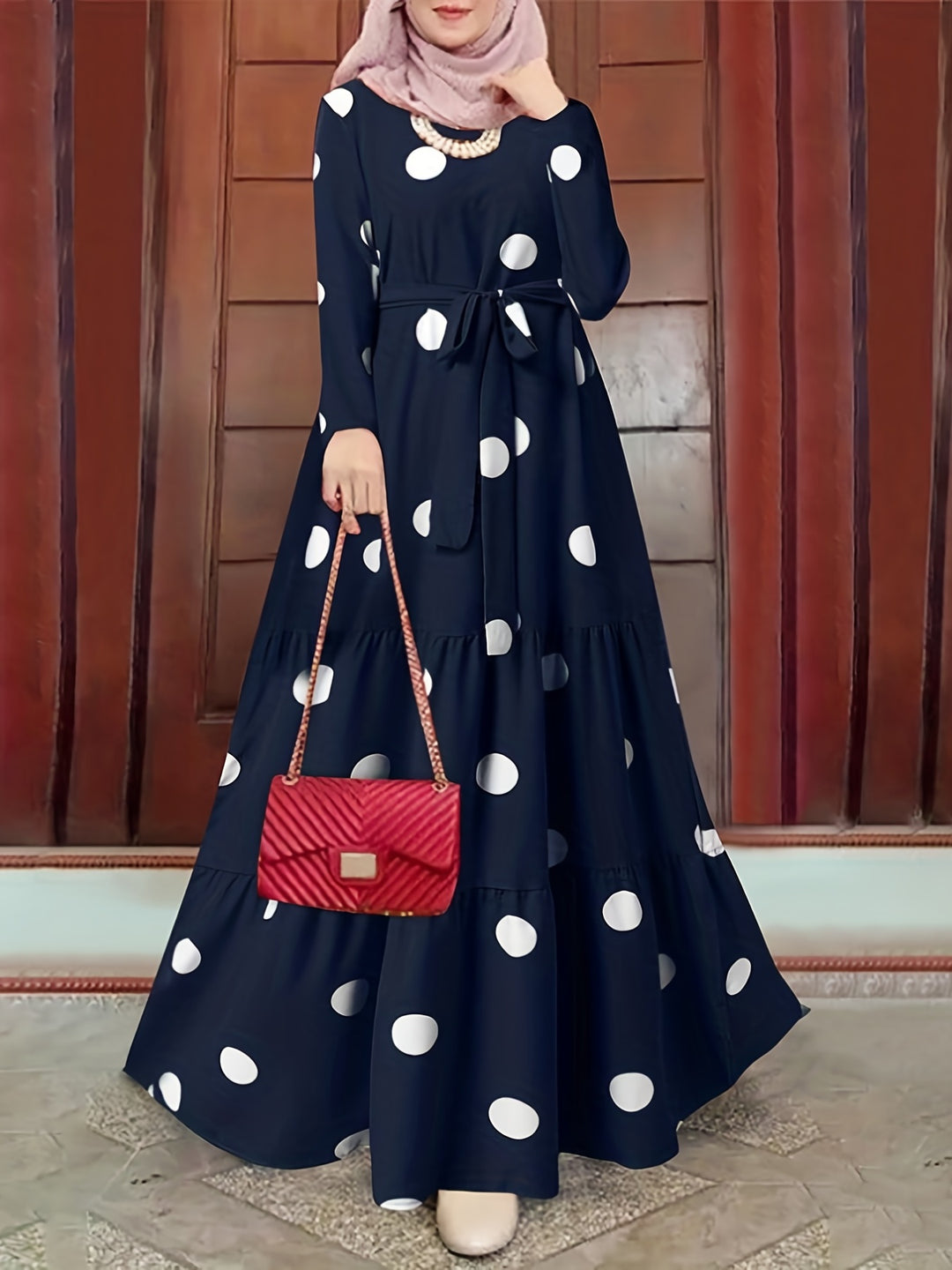 Polk -dot Print Tie Waist Abayas, Elegant Long Sleeve Ruffle Hem Maxi Dress, Women's Clothing