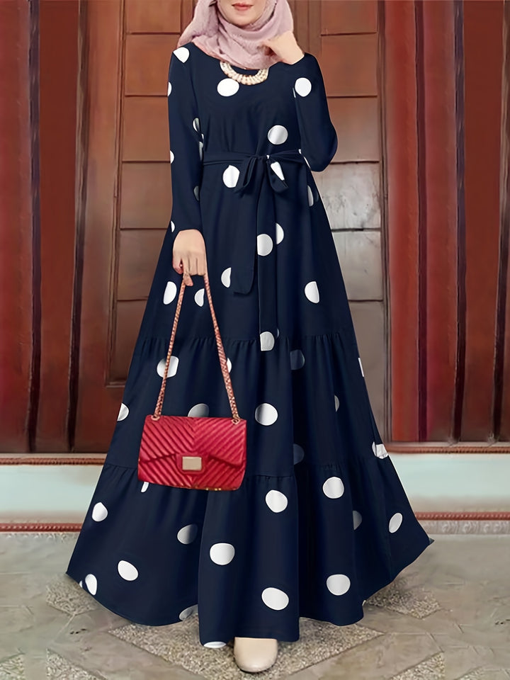 Polk -dot Print Tie Waist Abayas, Elegant Long Sleeve Ruffle Hem Maxi Dress, Women's Clothing