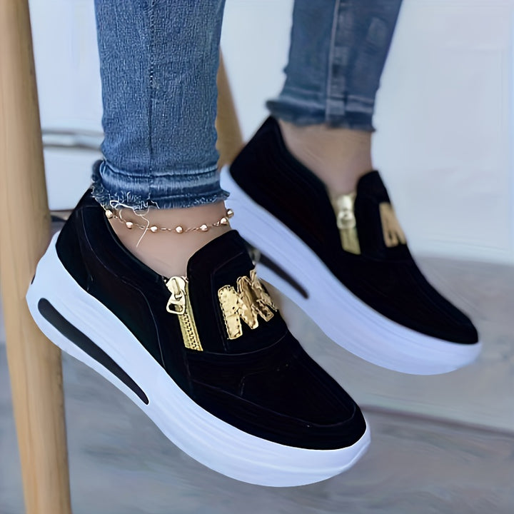 Women's Solid Color Platform Sneakers, Slip On Round Toe Non-slip Side Zipper Low-top Soft Shoes, Outdoor Comfy Shoes