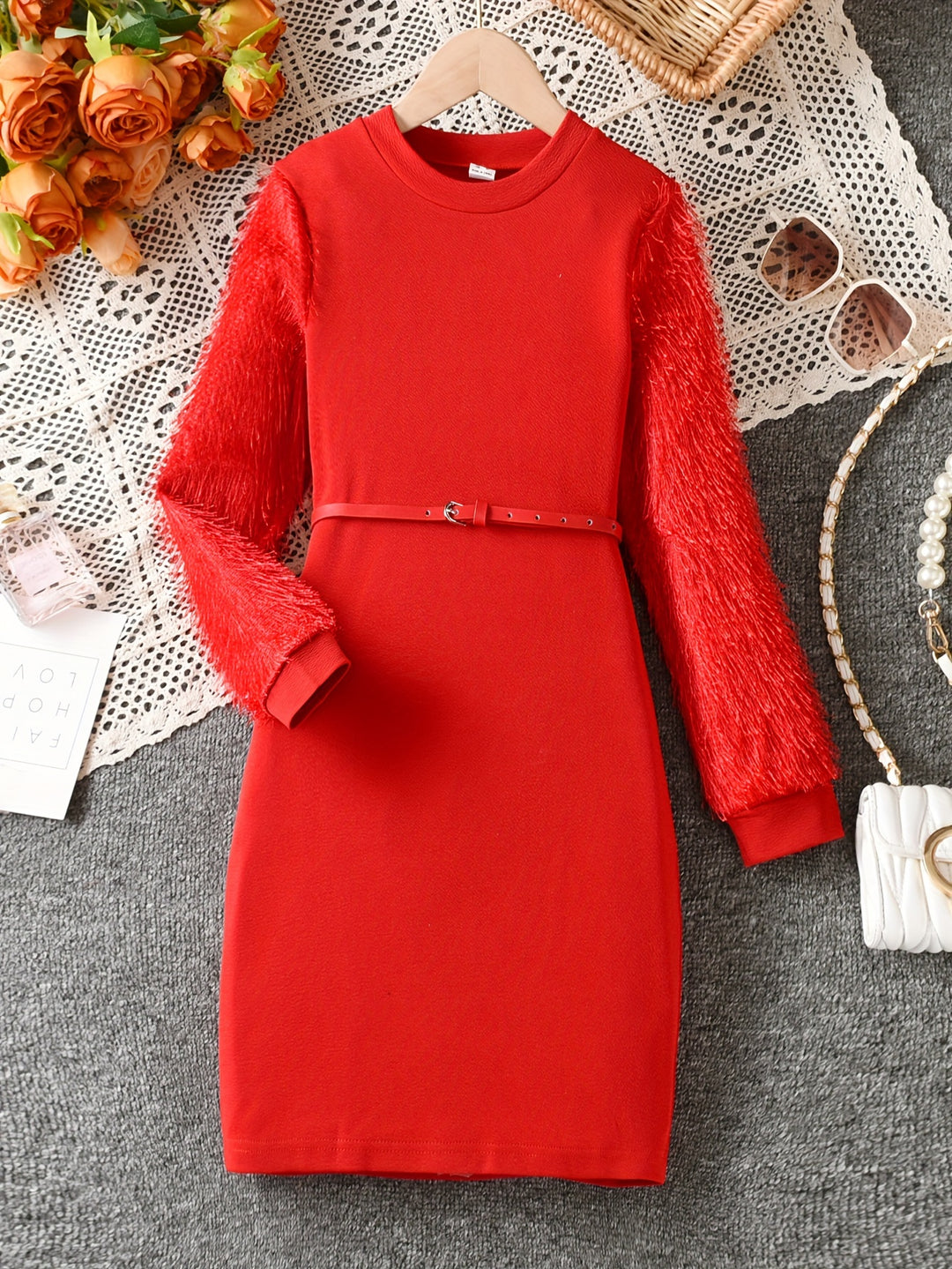 Girls Elegant Crew Neck Long Sleeve Dress With Belt Solid Dress Spring Fall Gift