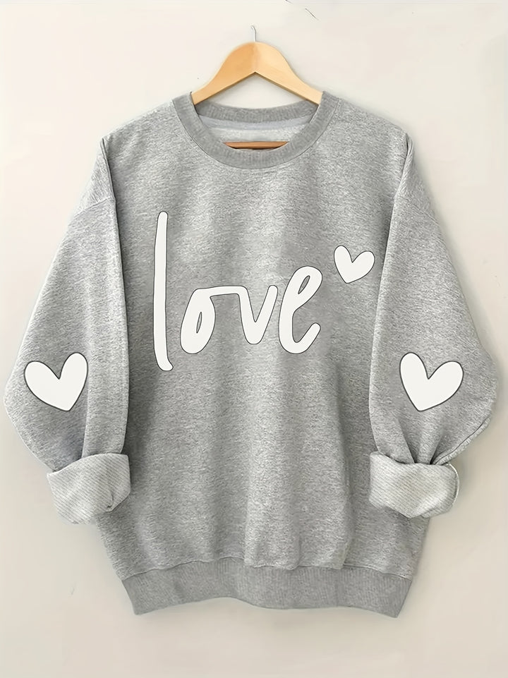 Plus Size Heart & Letter Print Sweatshirt, Casual Long Sleeve Crew Neck Sweatshirt, Women's Plus Size Clothing
