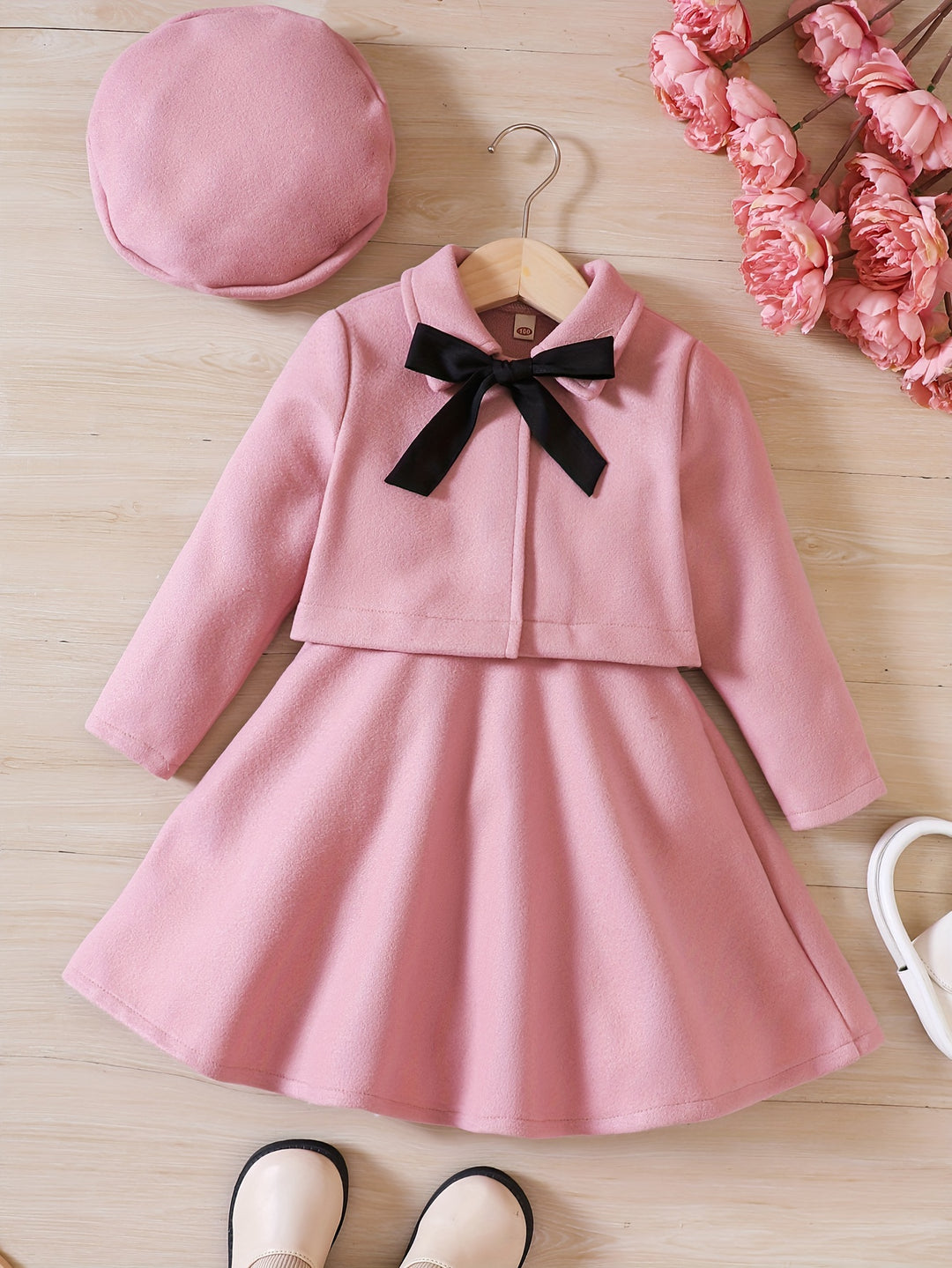 Girl's Elegant Outfit 3pcs, Bowknot Coat & Beret & Tank Dress Set, Kid's Clothes For Spring Autumn Christmas