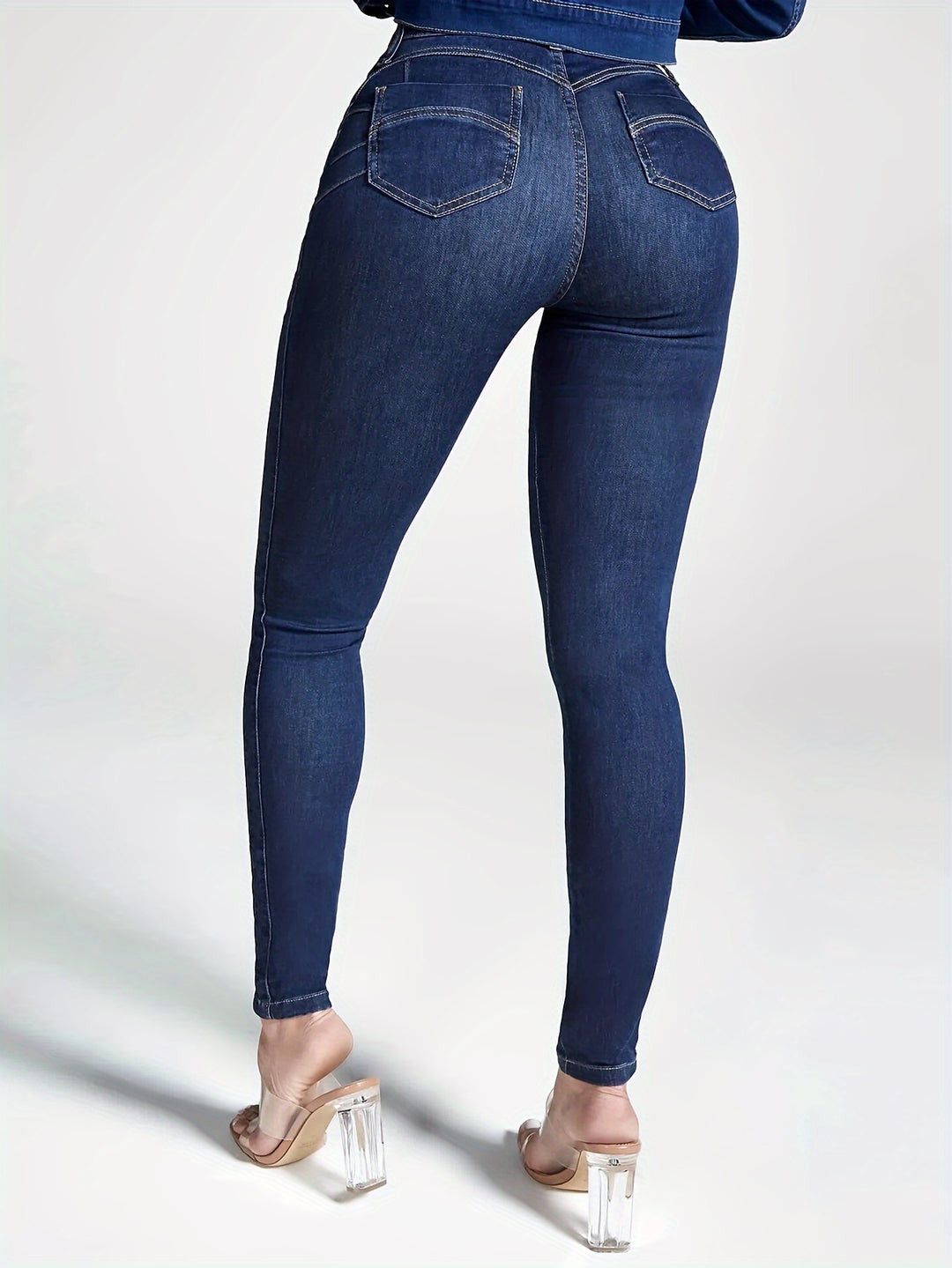 Women's High Waist Stretchy Skinny Leg Jeans, Solid Butt Lifting Denim Pants, Classic Side Patchwork Jeans