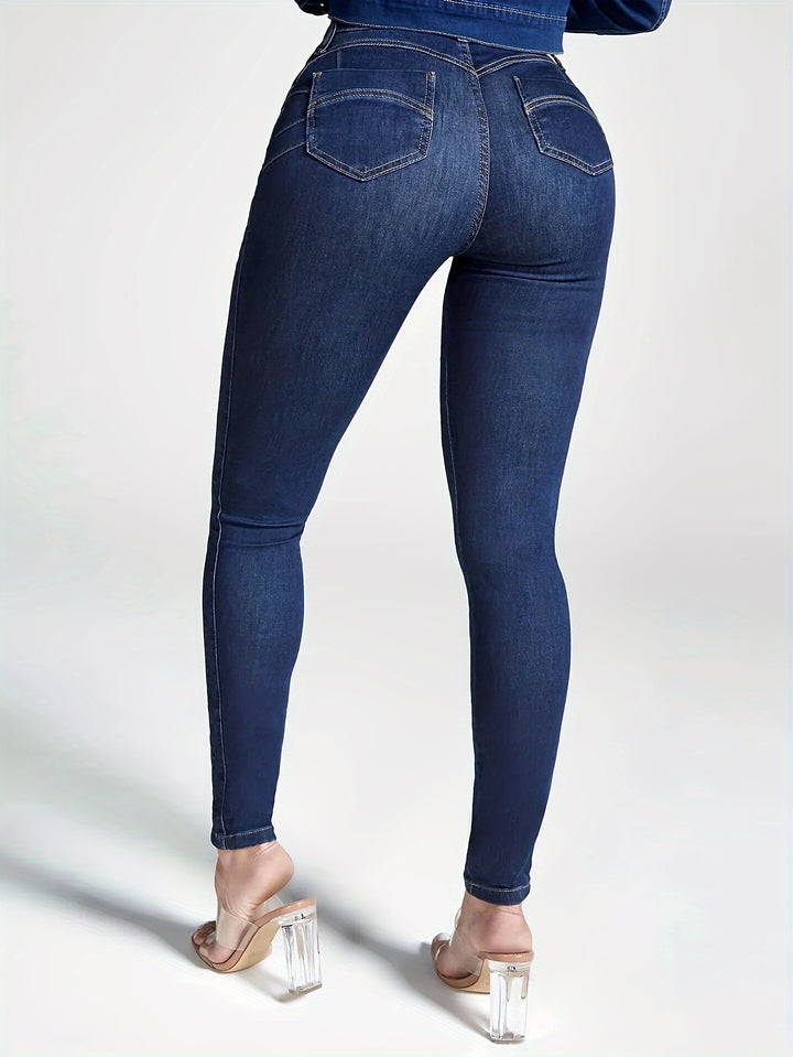 Women's High Waist Stretchy Skinny Leg Jeans, Solid Butt Lifting Denim Pants, Classic Side Patchwork Jeans