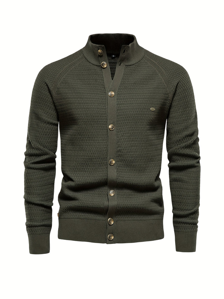 Men's Classic Design Knitted Cardigan Cotton Blend Button Mock Neck Sweater
