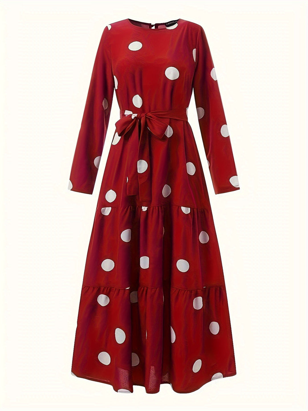 Polk -dot Print Tie Waist Abayas, Elegant Long Sleeve Ruffle Hem Maxi Dress, Women's Clothing