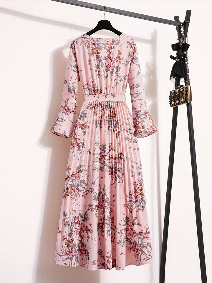 Floral Print Maxi Dress - Elegant Pleated Design for Women