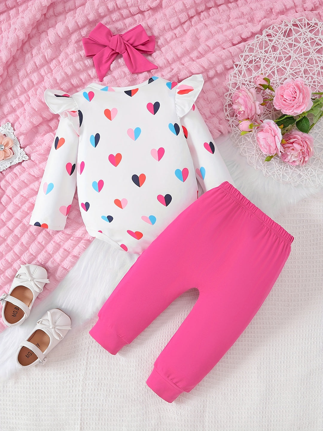 3pcs Multicolor Love Print Long Sleeve Ruffle Fashion Romper Top + Casual Pants + Bandana Clothes Set