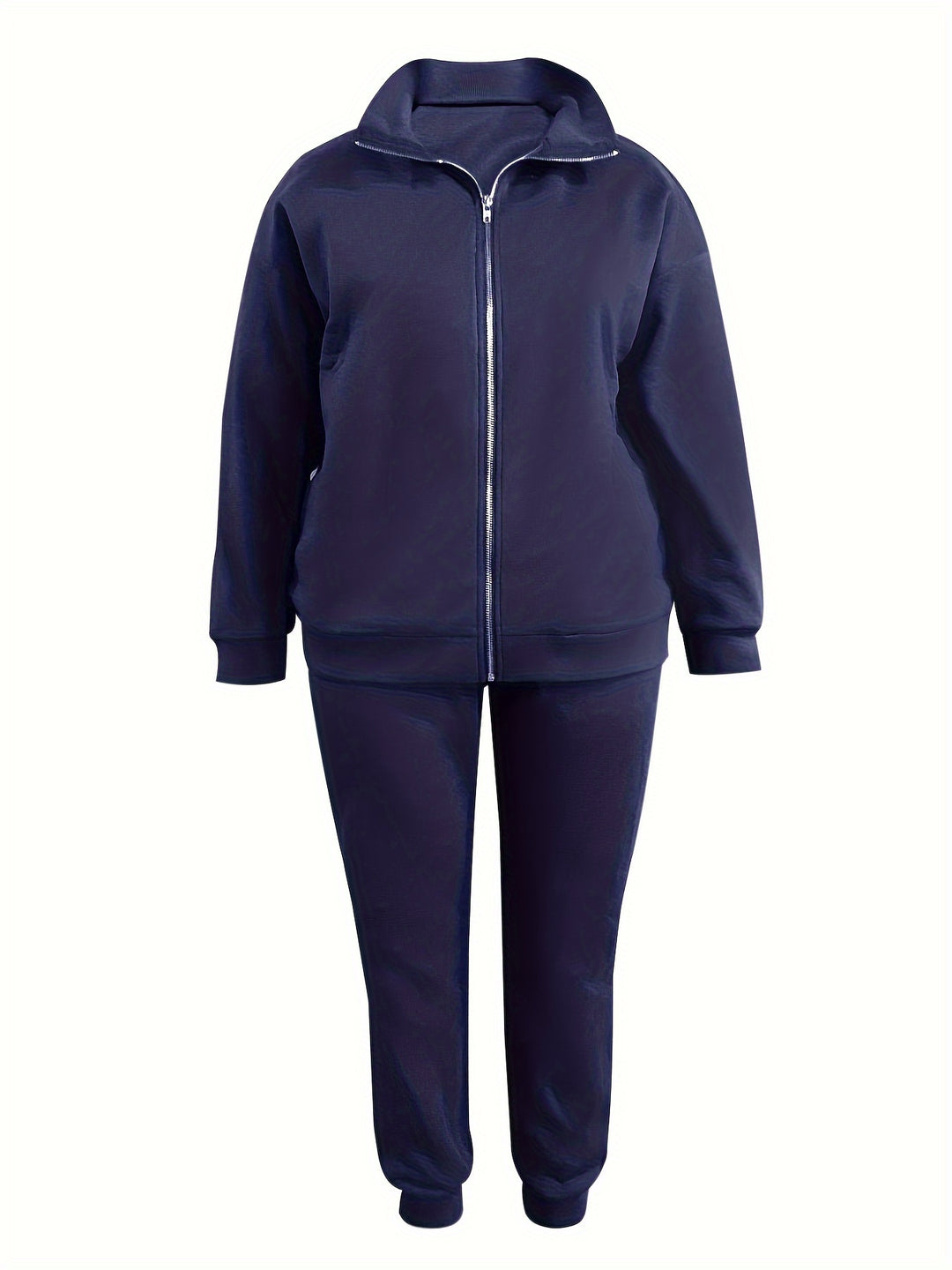Plus Size Sporty Outfits Set, Women's Plus Solid Zipper Front Long Sleeve Coat & Joggers Outfits 2 Piece Set