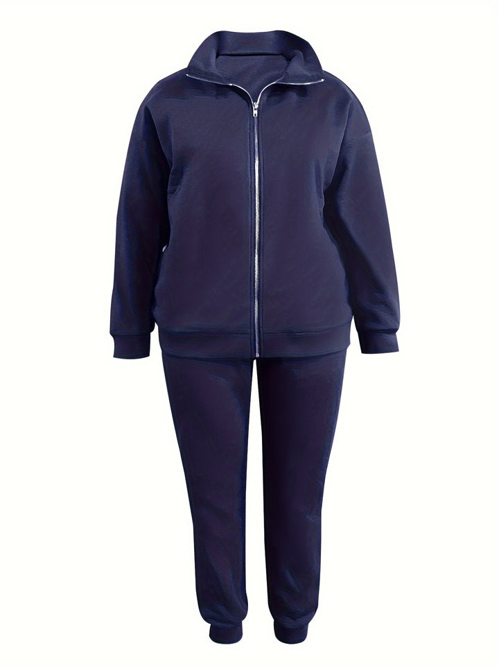 Plus Size Sporty Outfits Set, Women's Plus Solid Zipper Front Long Sleeve Coat & Joggers Outfits 2 Piece Set