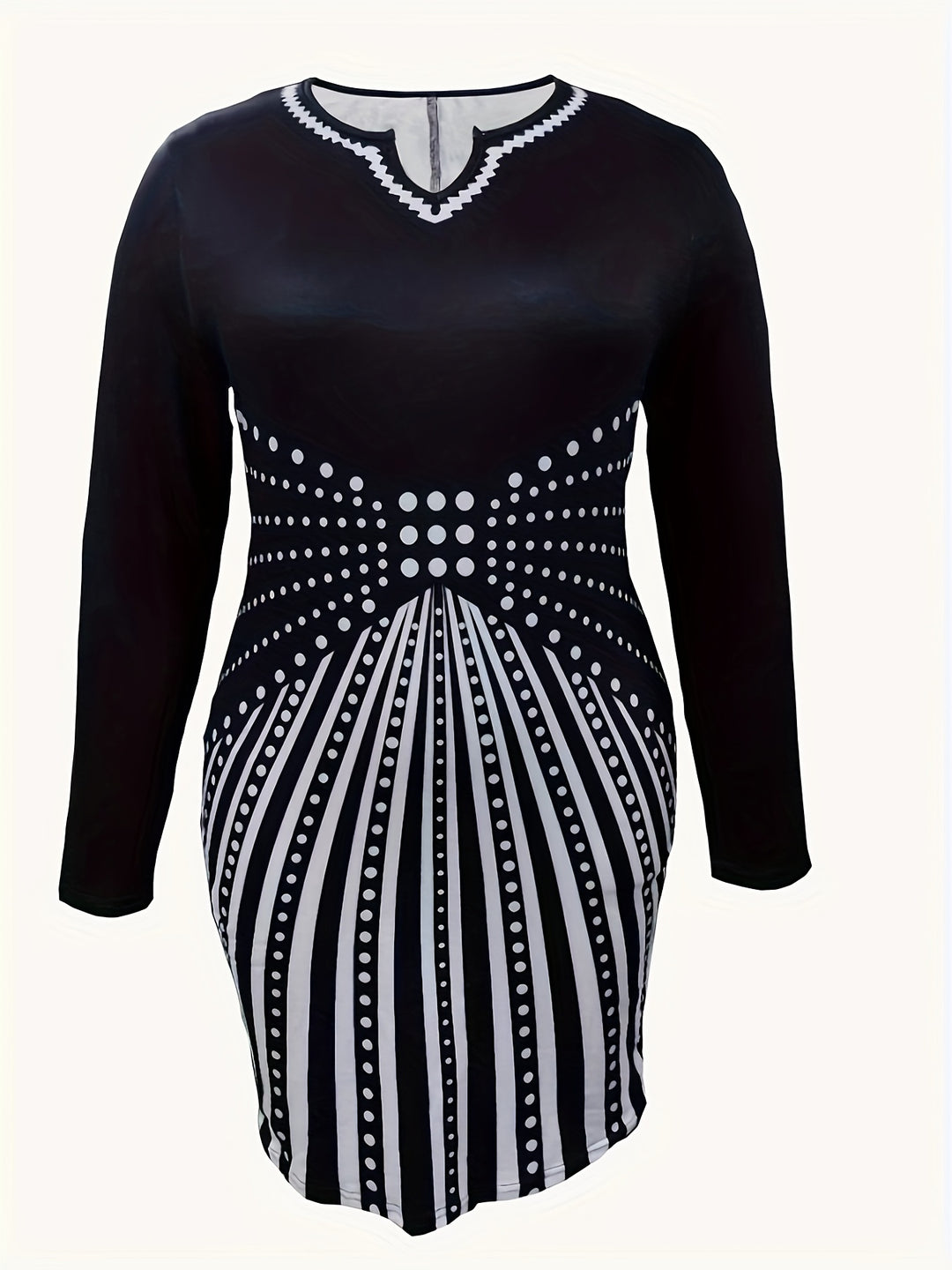 Plus Size Elegant Dress, Women's Plus Polka Dot Graphic Long Sleeve Notched Neck Bodycon Dress