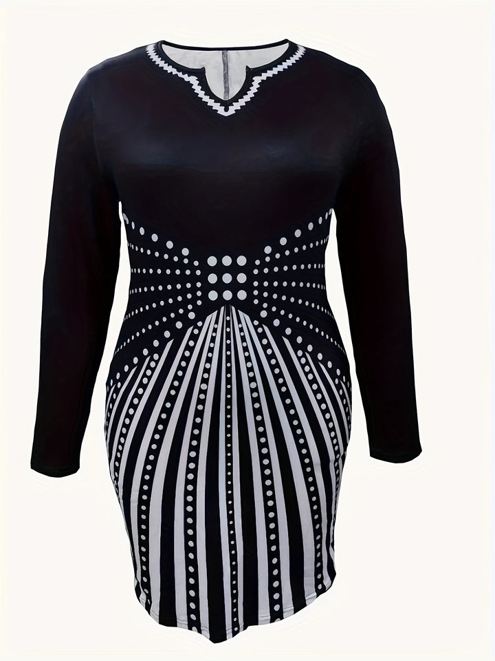 Plus Size Elegant Dress, Women's Plus Polka Dot Graphic Long Sleeve Notched Neck Bodycon Dress