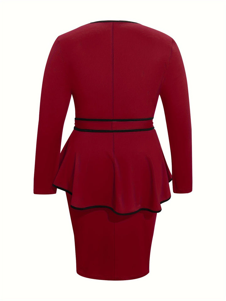 Plus Size Elegant Dress, Women's Plus Colorblock Contrast Trim Long Sleeve Round Neck Keyhole Slim Fit Layered Dress With Belt